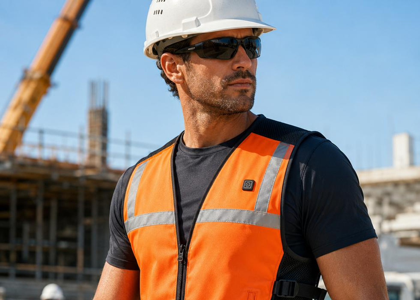 Modular safety apparel with cooling vest on a construction site